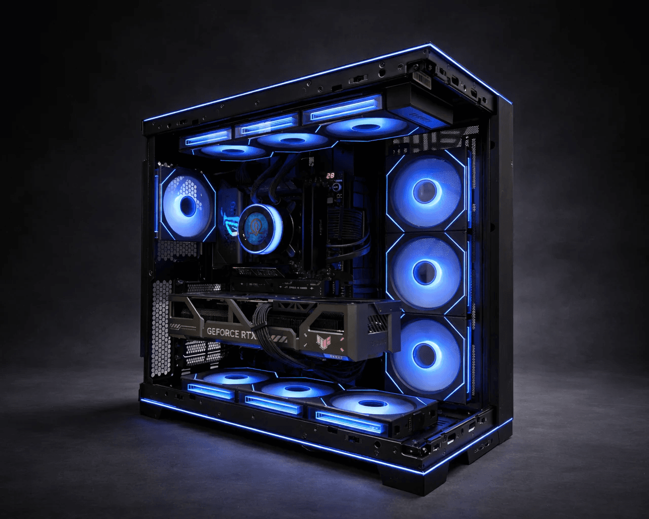 Blue-lit custom gaming and streaming PC build