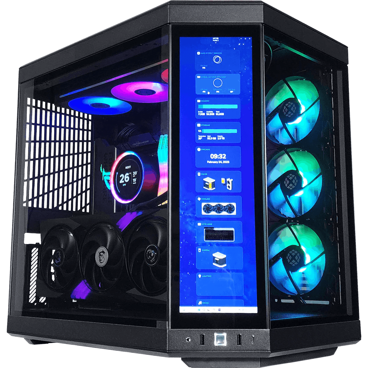 Custom showcase PC build with RGB lighting and internal display