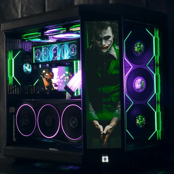 Showcase themed custom PC build with green and purple lighting
